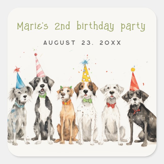 Cute Kids Watercolor Pawty Dog Birthday Party Square Sticker (Front)