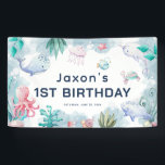 Cute Kids Watercolor Under the Sea 1st Birthday Banner<br><div class="desc">Cute 'Under the Sea' themed kids 1st birthday Banner. Design features adorable watercolor illustrations of a cute turtle,  star fish,  whale,  octopus,  shark,  jelly fish,  snails and botanical ocean foliage. This custom birthday banner is perfect for beach,  summer and pool birthday parties. Personalise by adding name,  age and date.</div>