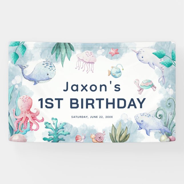 Cute Kids Watercolor Under the Sea 1st Birthday Banner (Horizontal)