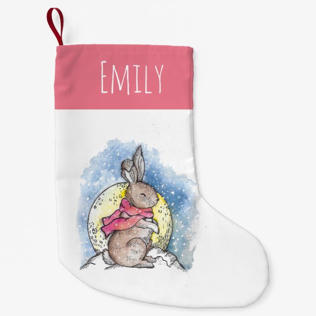 Cute kids winter bunny in the snow pink small christmas stocking (Front)