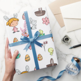 Cute Kids with Bunny Ears Spring Pattern Holiday  Wrapping Paper