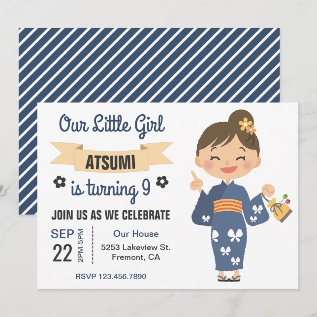 Cute Kimono Japanese Girl Birthday Party Invite (Front/Back)