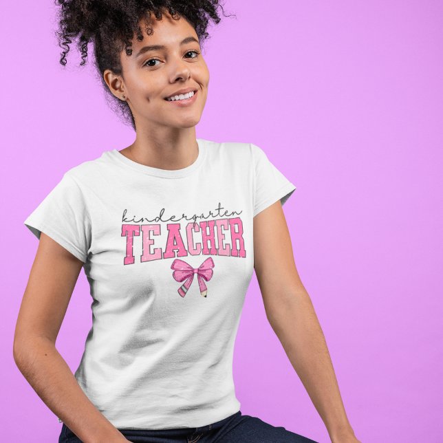 Cute Kindergarten Teacher Pink Bow Design T-Shirt (Creator Uploaded)