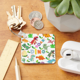 Cute Kinds of Dinosaurs Seamless Key Ring