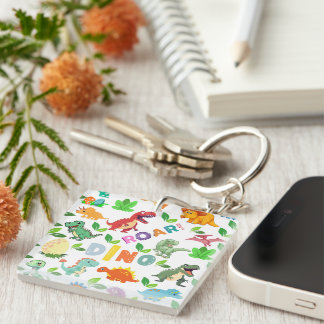 Cute Kinds of Dinosaurs Seamless Key Ring