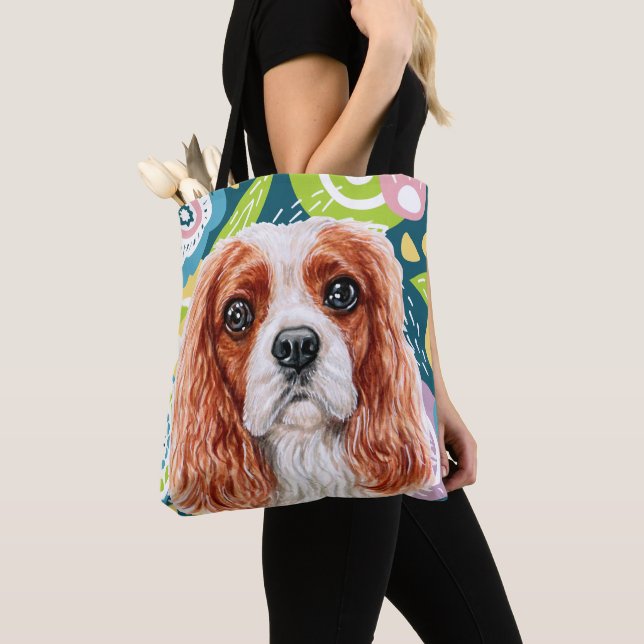 Cute King Charles Spaniel Colourful Flowers Tote Bag (Close Up)