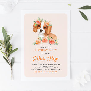 Cute King Charles Spaniel Peach Floral Birthday Invitation