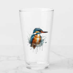 Cute Kingfisher in blue and orange watercolor Glass