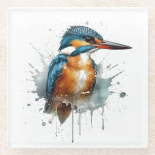 Cute Kingfisher in blue and orange watercolor Glass Coaster