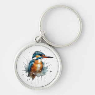 Cute Kingfisher in blue and orange watercolor Key Ring