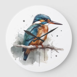 Cute Kingfisher sitting on a branch watercolor  Large Clock