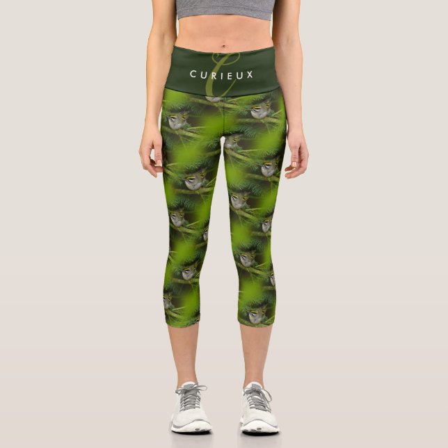 Cute Kinglet Songbird Causes a Stir in the Fir Capri Leggings (Front)