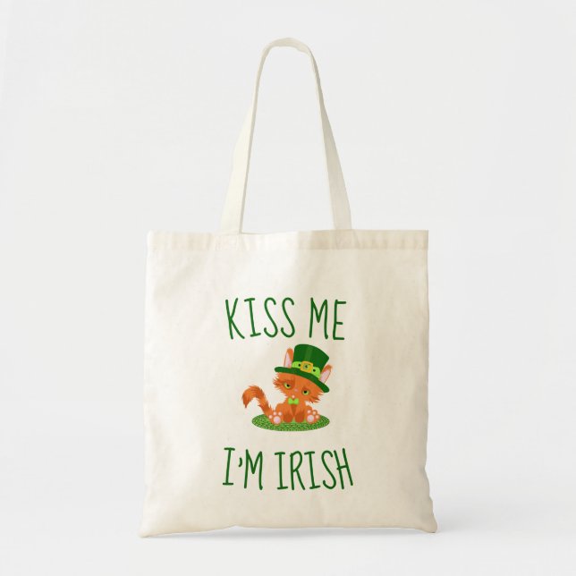 Cute Kiss Me I'm Irish Cat Lover Tote Bag (Front)