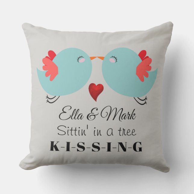 Cute kissing birds personalized valentines cushion (Front)