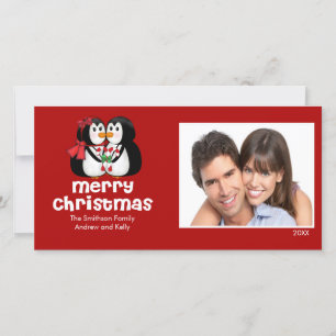CUTE Kissing Penguins Merry Christmas Photo Card