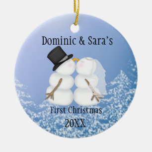 Cute Kissing Snowman First Christmas Ornament