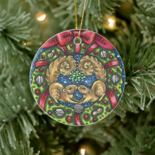 CUTE KISSING SQUIRRELS UNDER MISTLETOE, NUT WREATH CERAMIC TREE DECORATION