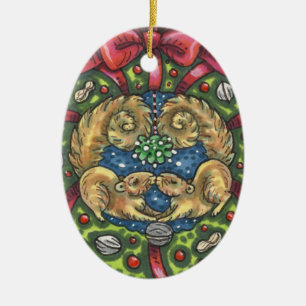 CUTE KISSING SQUIRRELS UNDER MISTLETOE, NUT WREATH CERAMIC TREE DECORATION