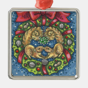 CUTE KISSING SQUIRRELS UNDER MISTLETOE, NUT WREATH METAL TREE DECORATION