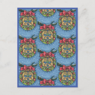 CUTE KISSING SQUIRRELS UNDER MISTLETOE, NUT WREATH POSTCARD