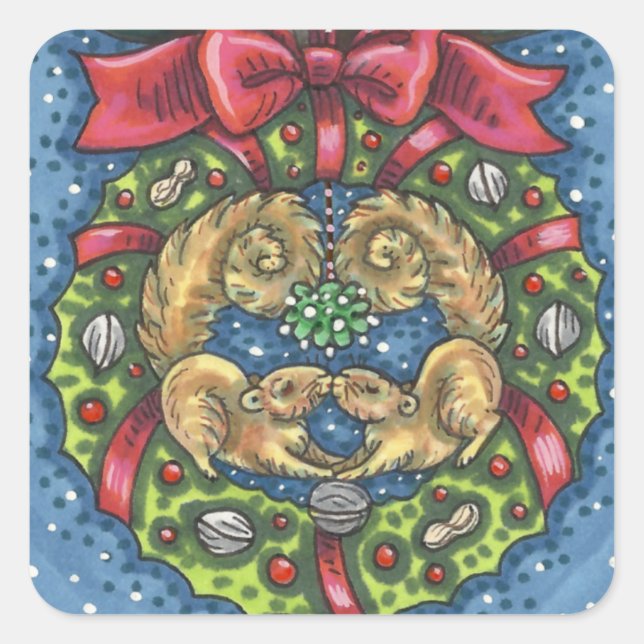 CUTE KISSING SQUIRRELS UNDER MISTLETOE, NUT WREATH SQUARE STICKER (Front)