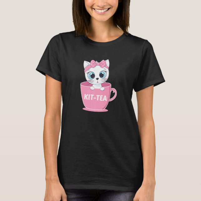 Cute Kit Tea Cup  Funny Cat T-Shirt (Front)