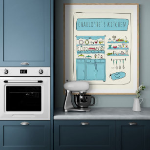 Cute Kitchen Illustration Blue Personalised Name  Poster