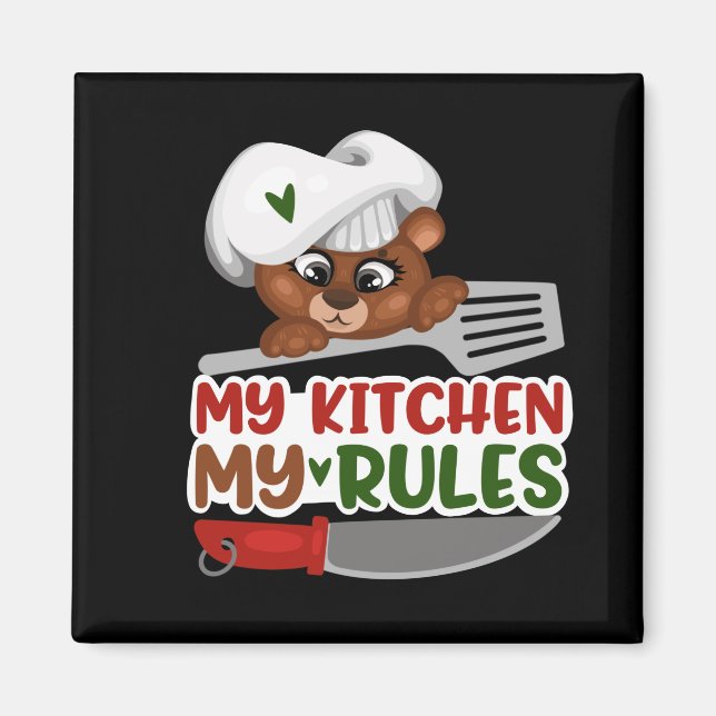 Cute kitchen rules word art chef bear magnet (Front)