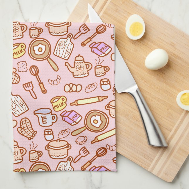 Cute Kitchenware Pink Tea Towel (Quarter Fold)
