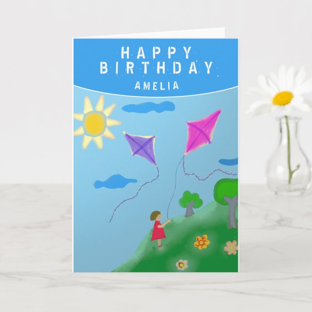 Cute Kites and Girl Drawing Happy Birthday Card (Small Plant)