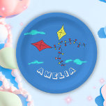 Cute Kites Red Yellow Name Kids Birthday Party Paper Plate<br><div class="desc">Cute Kites Red Yellow with Name Kids Birthday Party Paper Plates. Cute birthday design for kids with two kites, one in yellow and one in red colour. The kites are flying in the sky between clouds. Personalise the plates with your child`s name. Your boy or girl will love this personalised...</div>