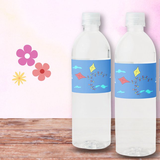 Cute Kites Red Yellow Name Kids Birthday Party Water Bottle Label (Creator Uploaded)