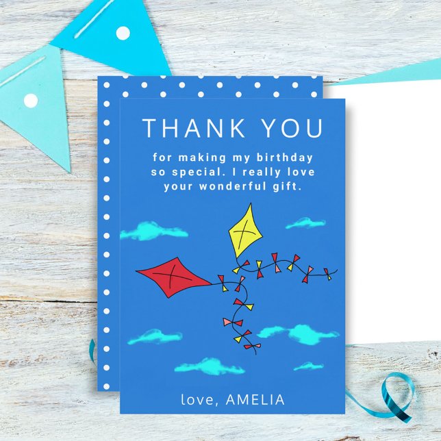 Cute Kites Red Yellow with Name Kids Birthday Thank You Card (Creator Uploaded)