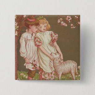 Cute Kitschy Vintage Valentine, Children with Lamb 15 Cm Square Badge