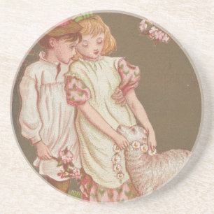 Cute Kitschy Vintage Valentine, Children with Lamb Coaster