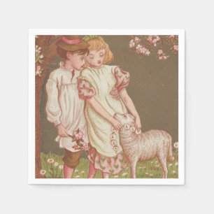 Cute Kitschy Vintage Valentine, Children with Lamb Napkin