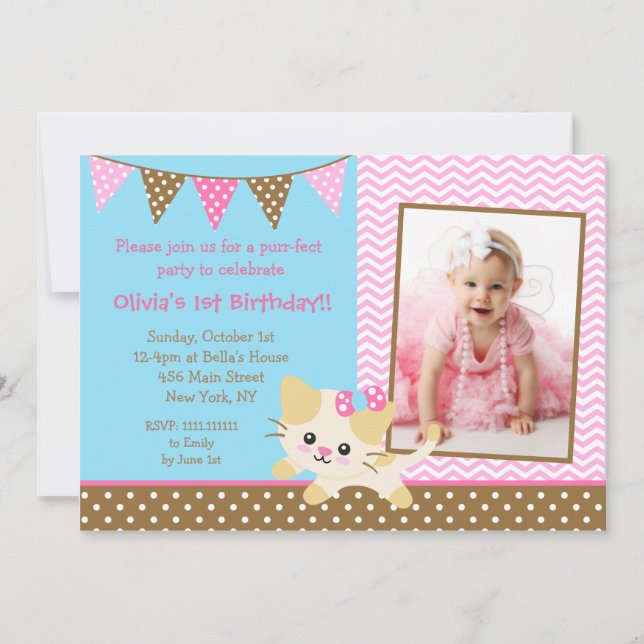 Cute Kitte Cat 1st Birthday Invitations (Front)