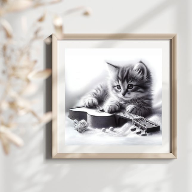 Cute Kitten Acoustic Guitar and Blanket Pencil  Poster (Creator Uploaded)