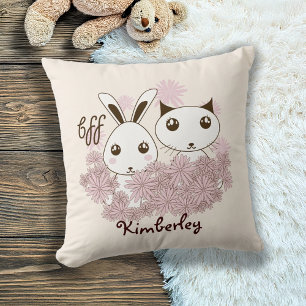 Cute Kitten and Bunny Animal Friends Girls Kids Cushion