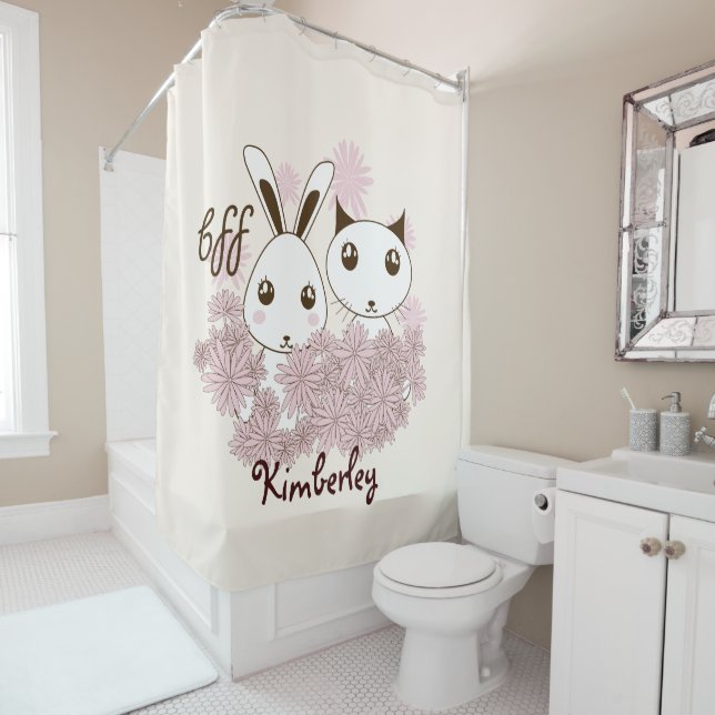 Cute Kitten and Bunny Animal Friends Girls Kids Shower Curtain (In Situ)