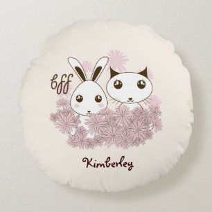 Cute Kitten and Bunny Animal Friends Kids Round Cushion