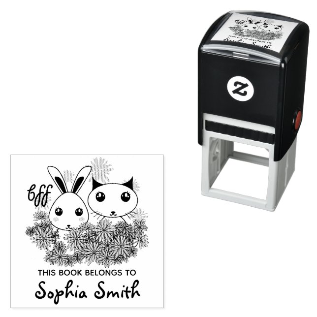 Cute Kitten and Bunny Girls Kids Bookplate Self-inking Stamp (In Situ)