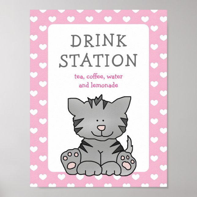 Cute Kitten and Hearts Drink Station Baby Shower Poster (Front)