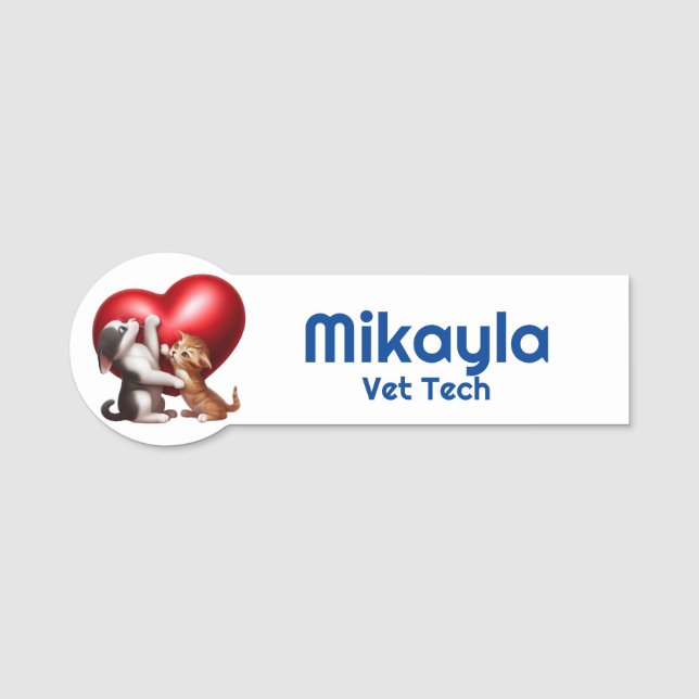 Cute Kitten and Puppy and Heart Name Tag (Front)