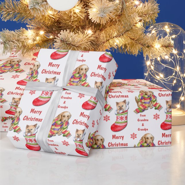 Cute Kitten and Puppy Kids Christmas Wrapping Paper (Holidays)