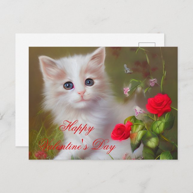 Cute kitten and roses valentine postcard (Front/Back)