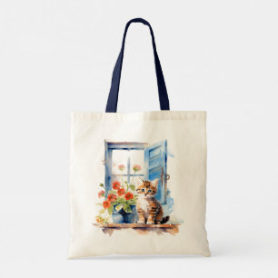 Cute Kitten At Window Flowers Cat Watercolor Art Tote Bag