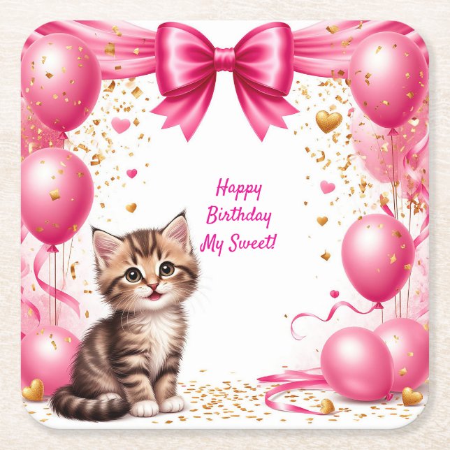 Cute Kitten Birthday Party Balloons 🐱 Square Paper Coaster (Front)