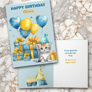 Cute Kitten Blue Gold Balloons Kid's Birthday Card