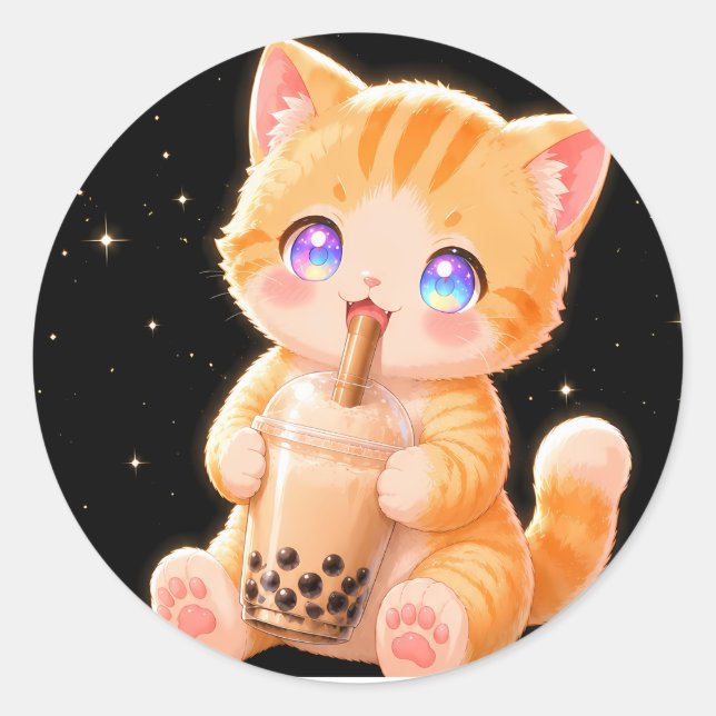 Cute Kitten & Bubble Tea Classic Round Sticker (Front)